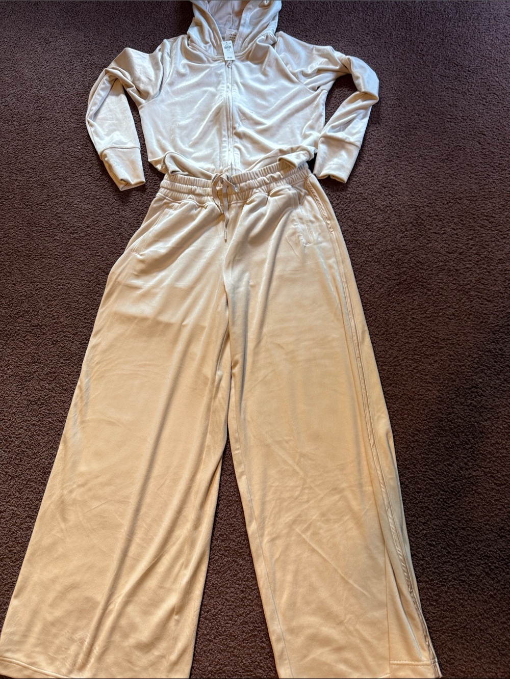 NWT- Wide-Leg Velour Lounge Pants and Zip Hoodie Set - Cream